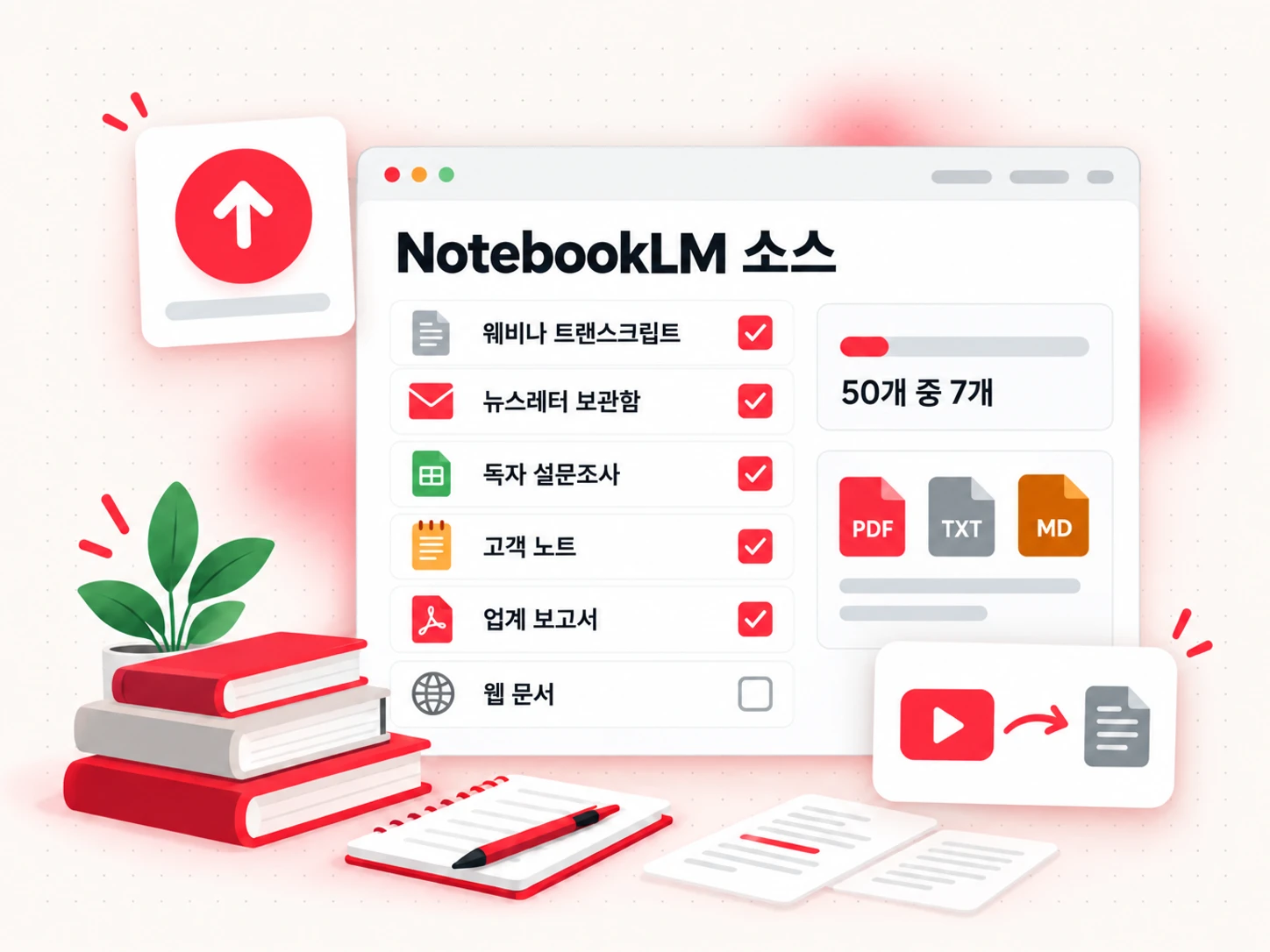 전자책을 위한 NotebookLM 소스: 하나의 노트북에 모은 PDF, Google Docs, 웹 페이지 및 동영상 트랜스크립트