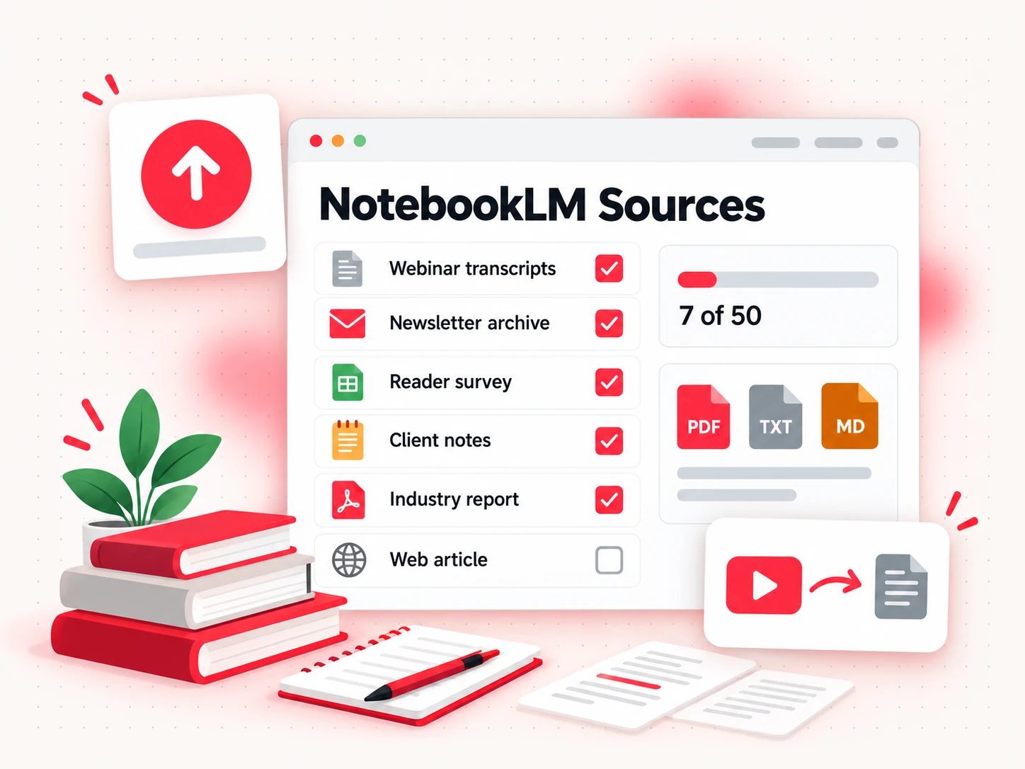 NotebookLM sources for an ebook: PDFs, Google Docs, web pages and video transcripts collected into one notebook