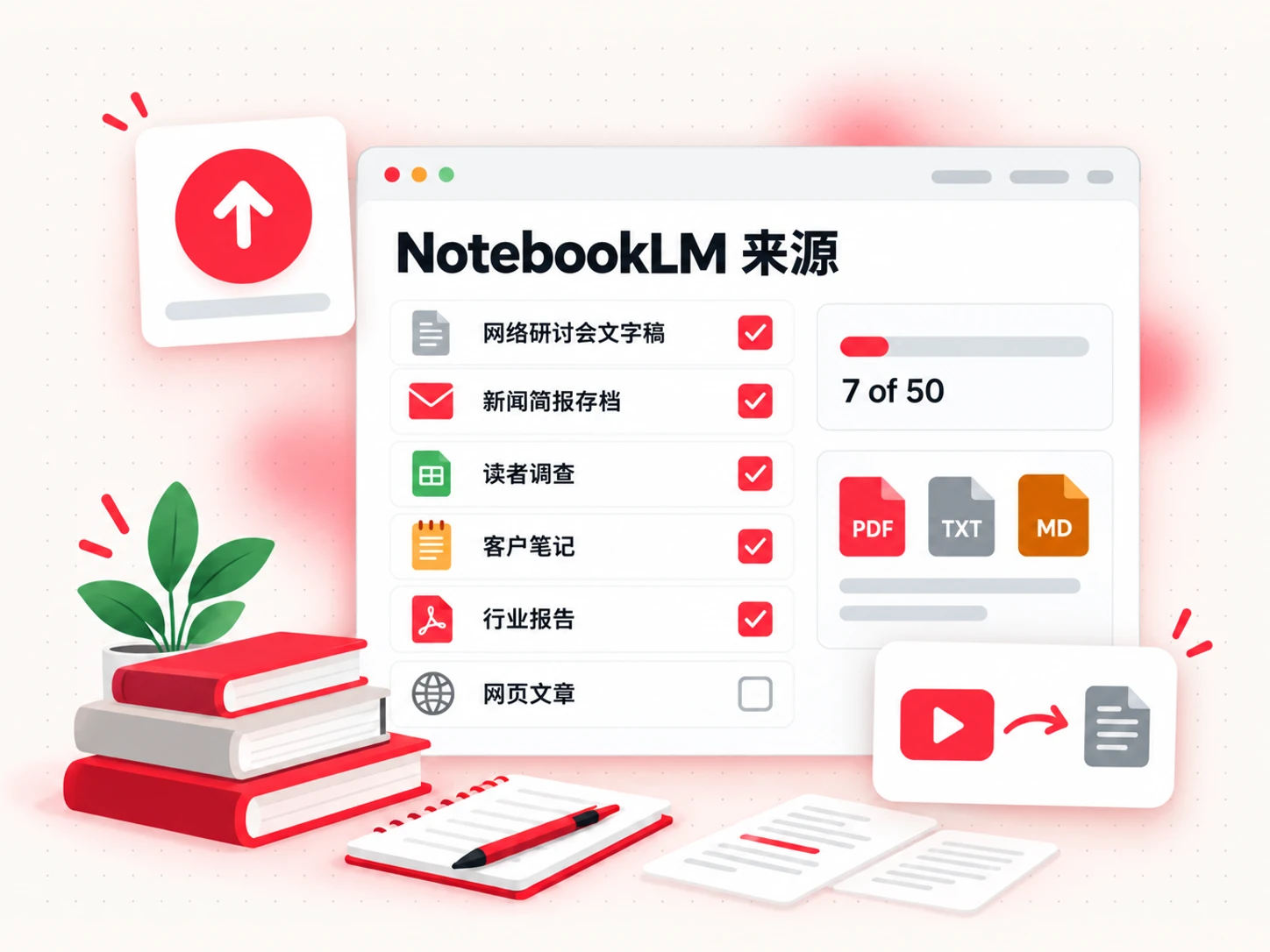 电子书的 NotebookLM 来源:收集到同一个笔记本中的 PDF、Google Docs、网页和视频文字稿