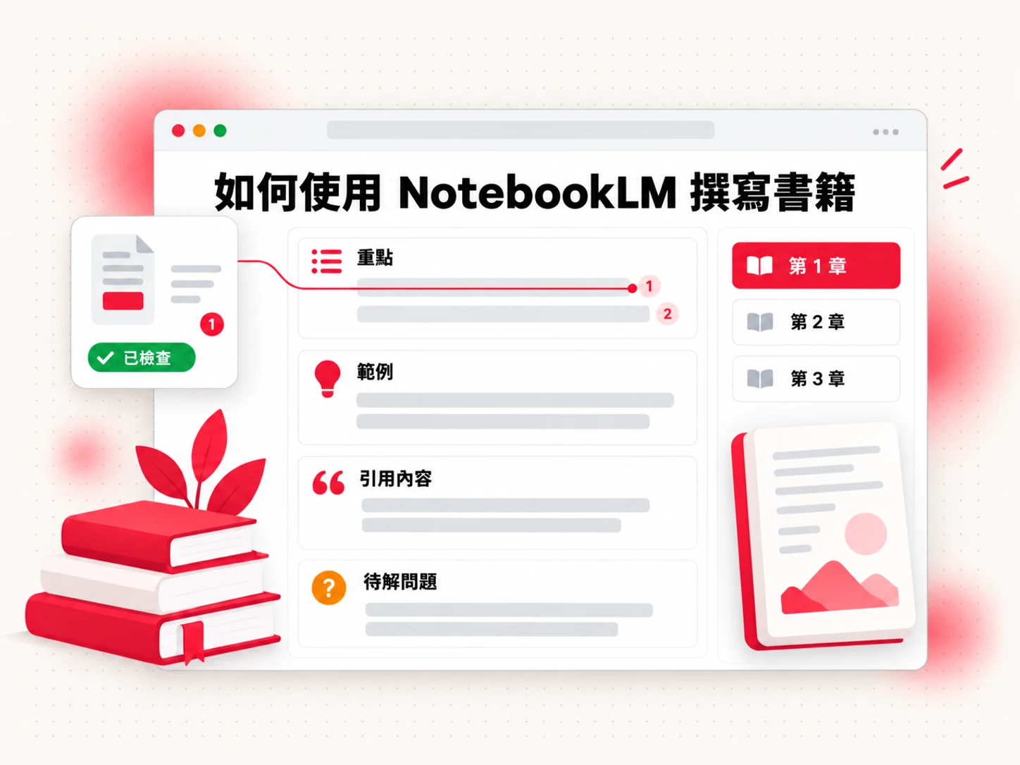 如何使用 NotebookLM 撰寫書籍:每章包含引用內容、重點與待解問題的章節筆記