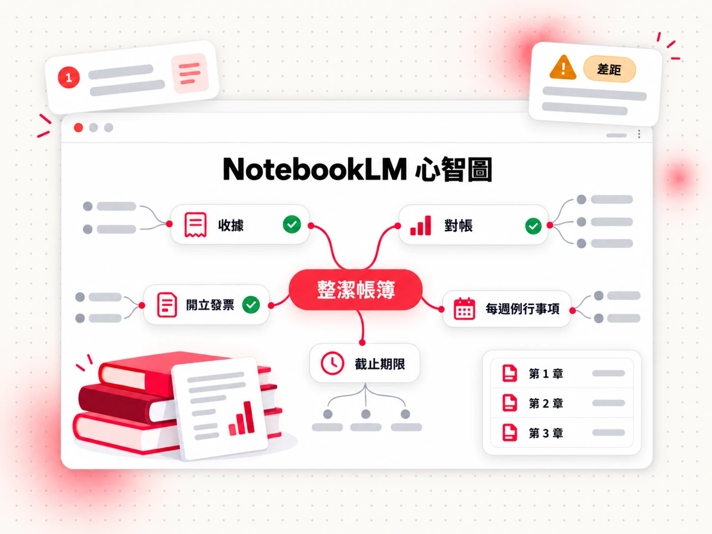 NotebookLM 電子書大綱心智圖:中央主題向外延伸至章節主題,並附有來源引用