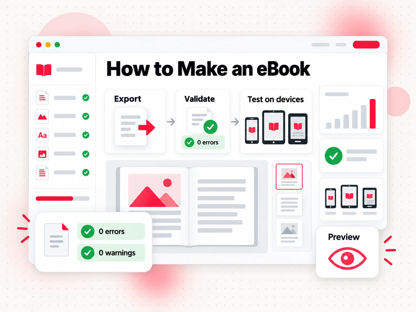 How to make an ebook file: export, validate with zero errors and test on devices