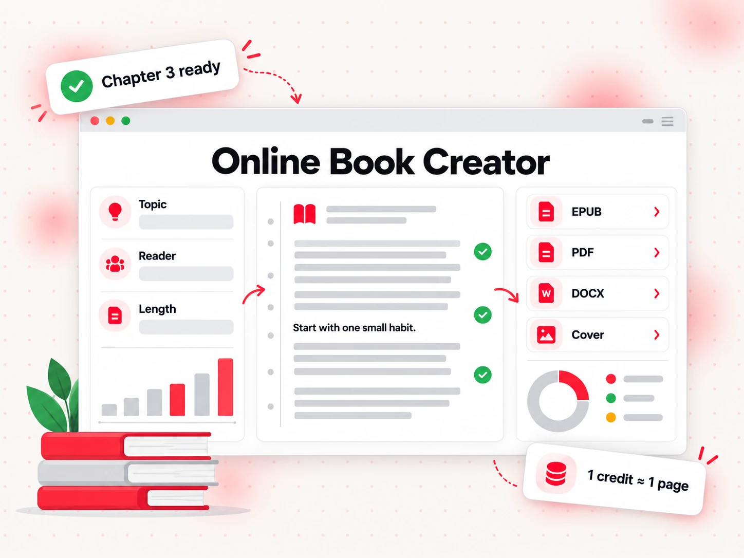 Online book creator workspace with a book brief, chapter editor and export panel
