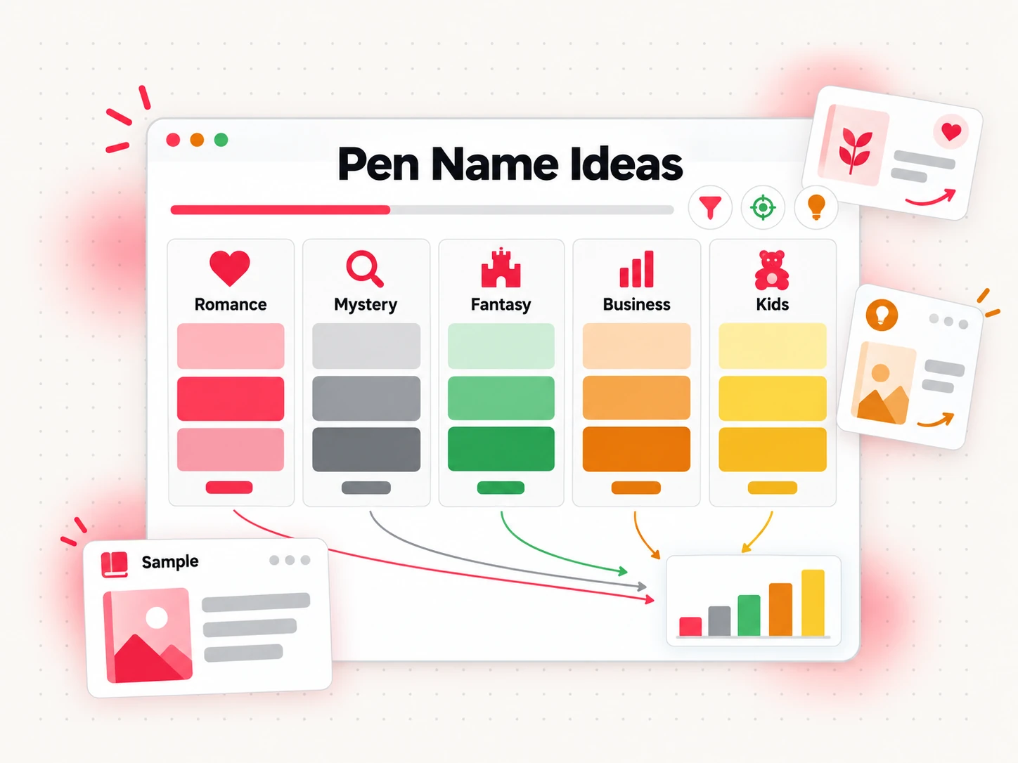 Pen name ideas organized by genre on a planning board
