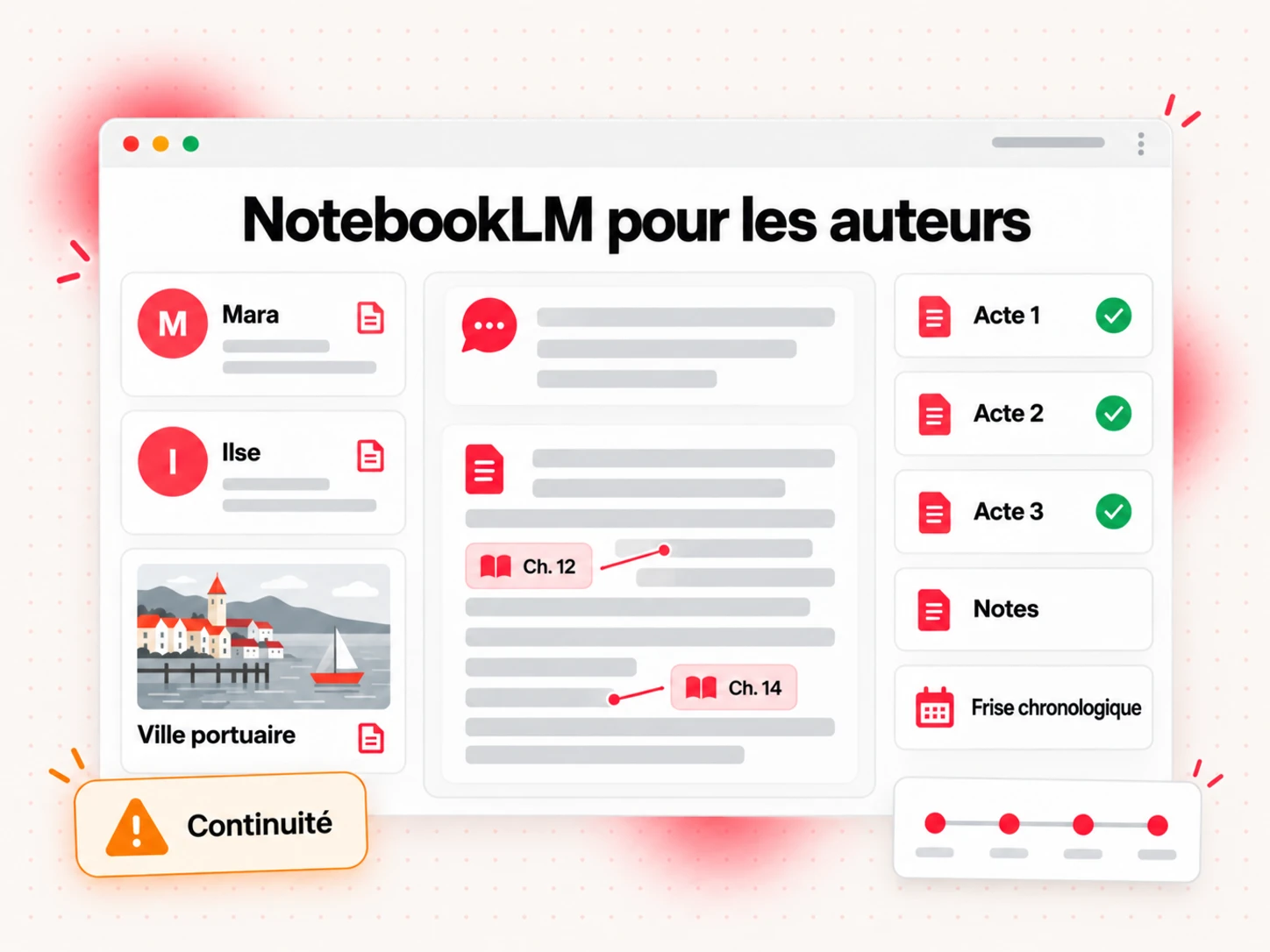 NotebookLM pour les auteurs : un carnet servant de bible de l'histoire, avec des fiches de personnages, une note contenant une carte du monde et des chapitres terminés répondant à une question de continuité