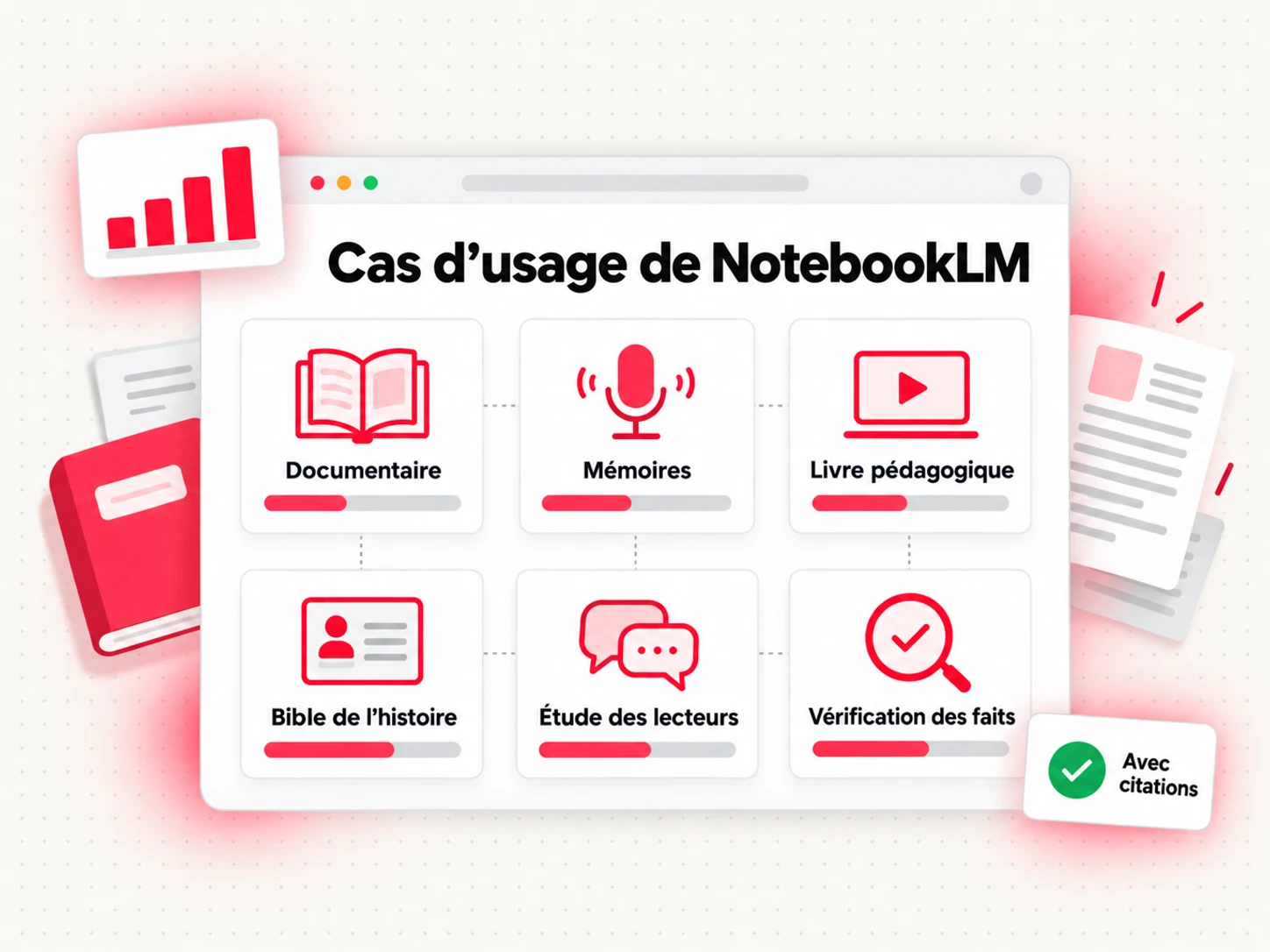 Cas d’usage de NotebookLM pour les auteurs : recherche documentaire, entretiens pour des mémoires, livres de cours, bible d’un récit, recherche auprès des lecteurs et vérification des faits
