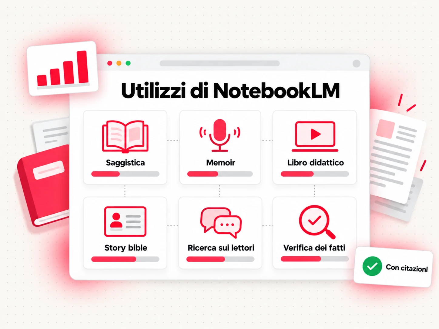 Utilizzi di NotebookLM per scrittori: ricerca per la saggistica, interviste per un memoir, libri basati su corsi, una bibbia della storia, ricerca sui lettori e verifica dei fatti