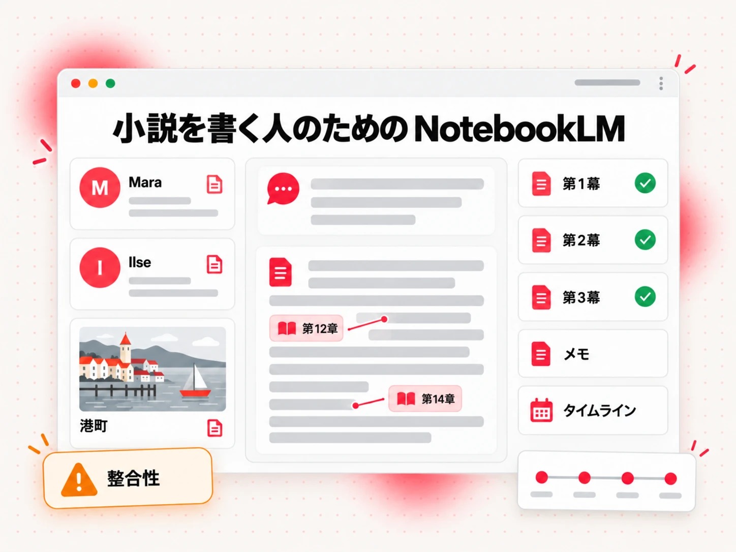 小説を書く人のための NotebookLM:登場人物シート、世界地図のメモ、整合性に関する質問に答える完成済みの章を備えたストーリーバイブル用ノート