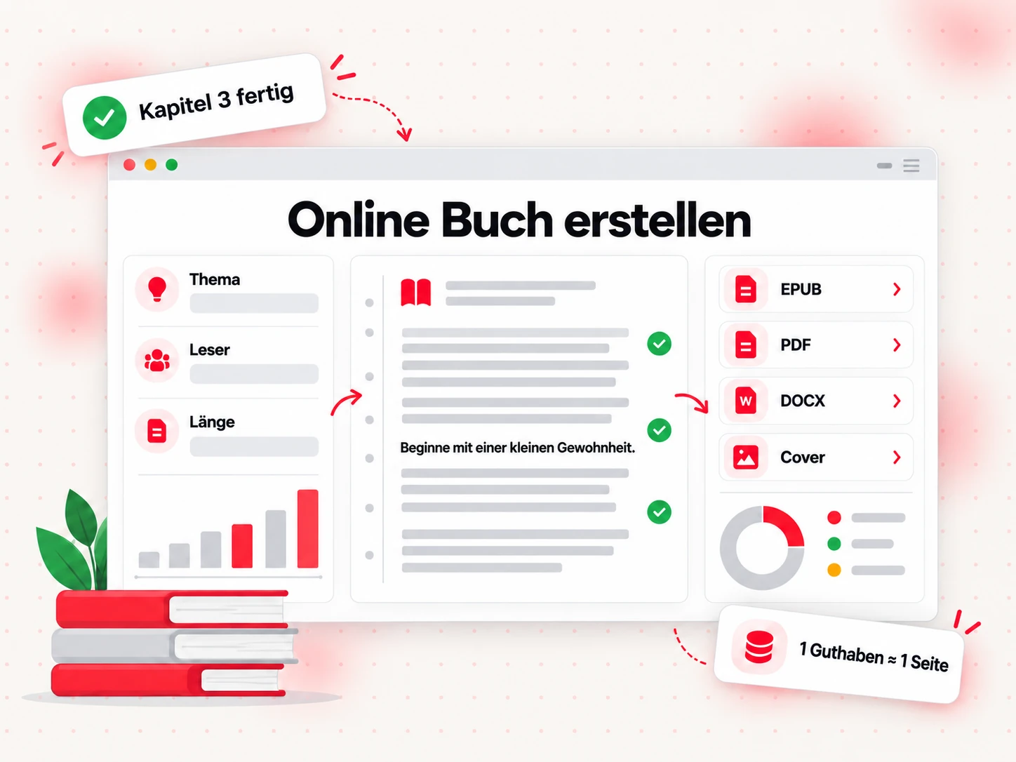 Online Buch erstellen: Arbeitsbereich mit Buchvorgabe, Kapiteleditor und Exportbereich
