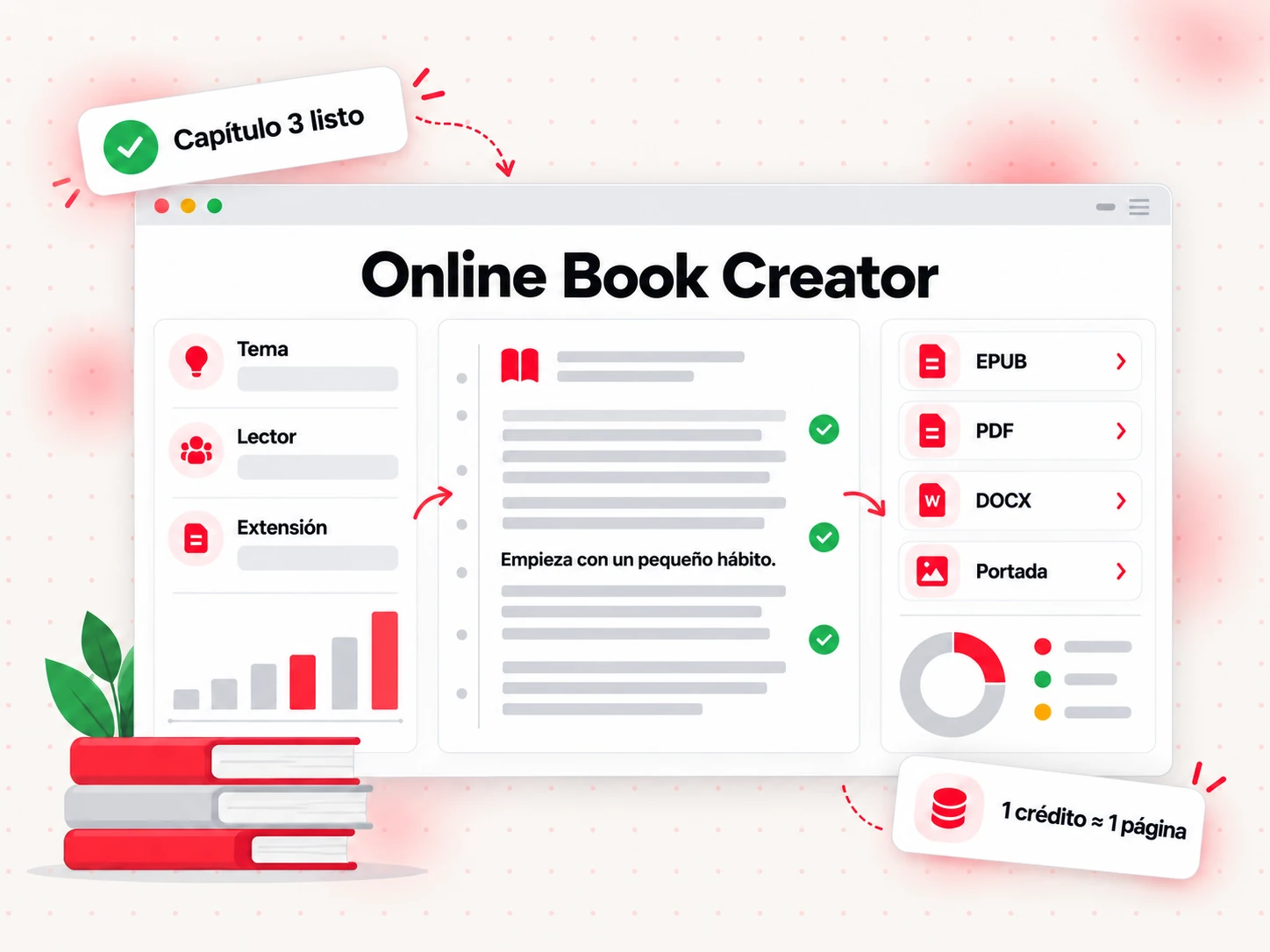 Espacio de trabajo del creador de libros online con un resumen del libro, un editor de capítulos y un panel de exportación (Online Book Creator)