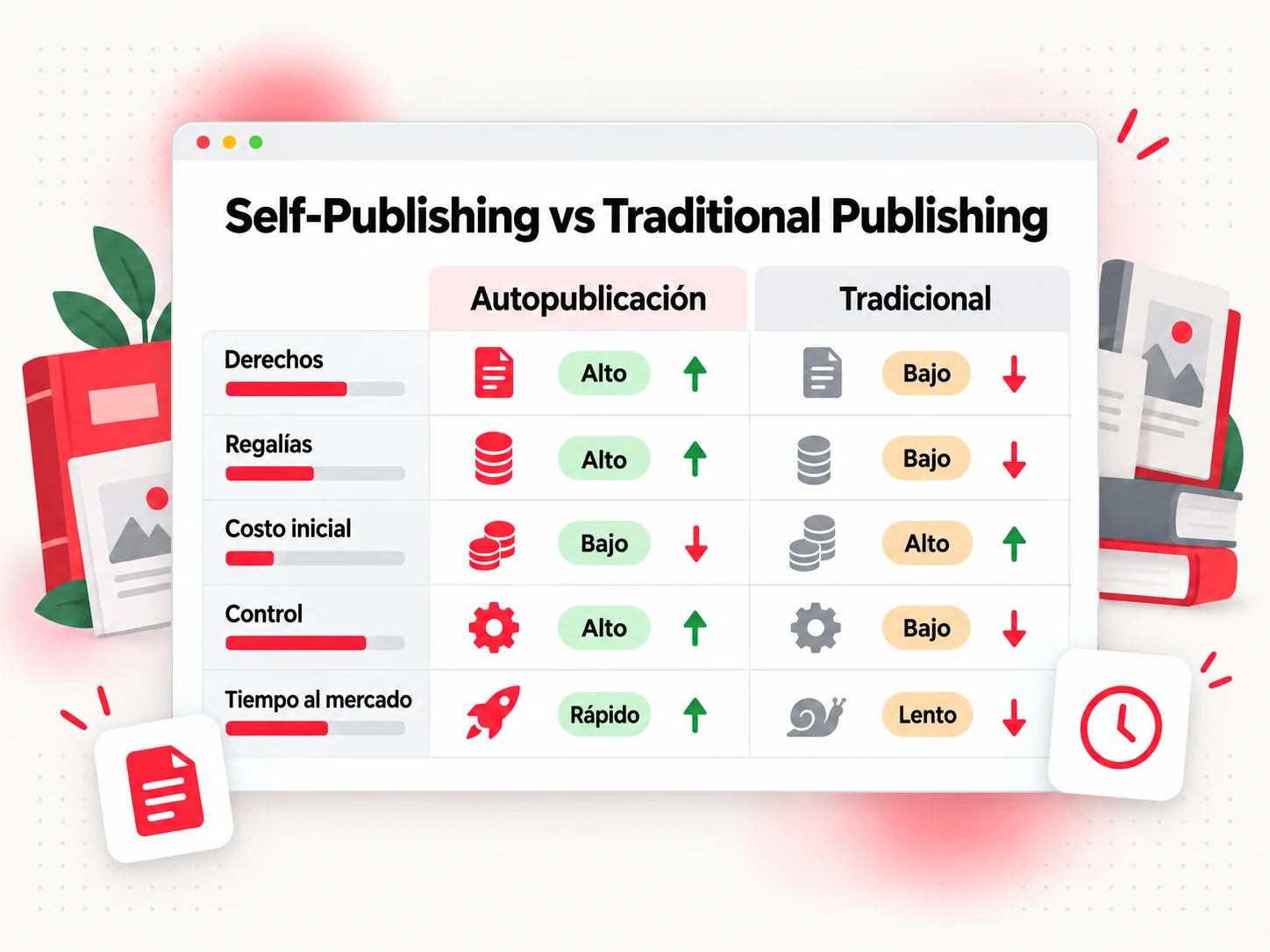 Autopublicación frente a publicación tradicional comparadas en derechos, regalías, coste, control y velocidad (Self-Publishing vs Traditional Publishing)