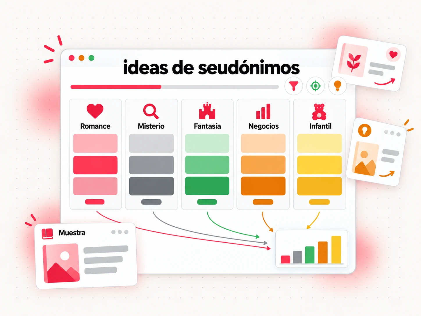 Ideas de seudónimos organizadas por género en un tablero de planificación