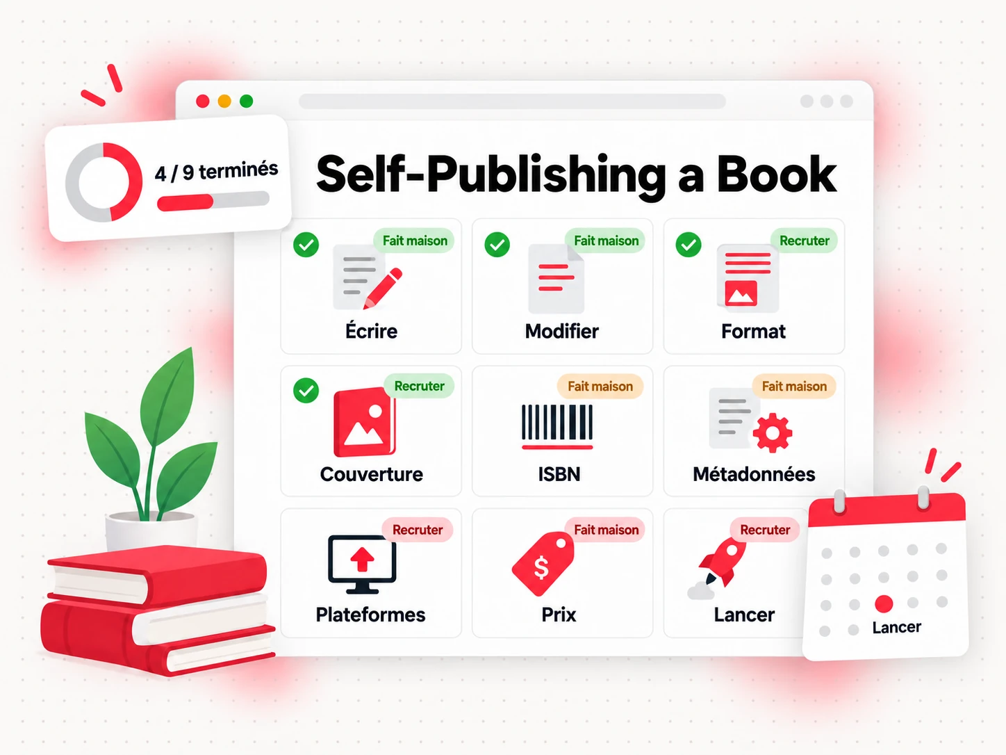 L'autoédition d'un livre sous forme de tableau de tâches en neuf étapes, de l'écriture au lancement (Self-Publishing a Book)