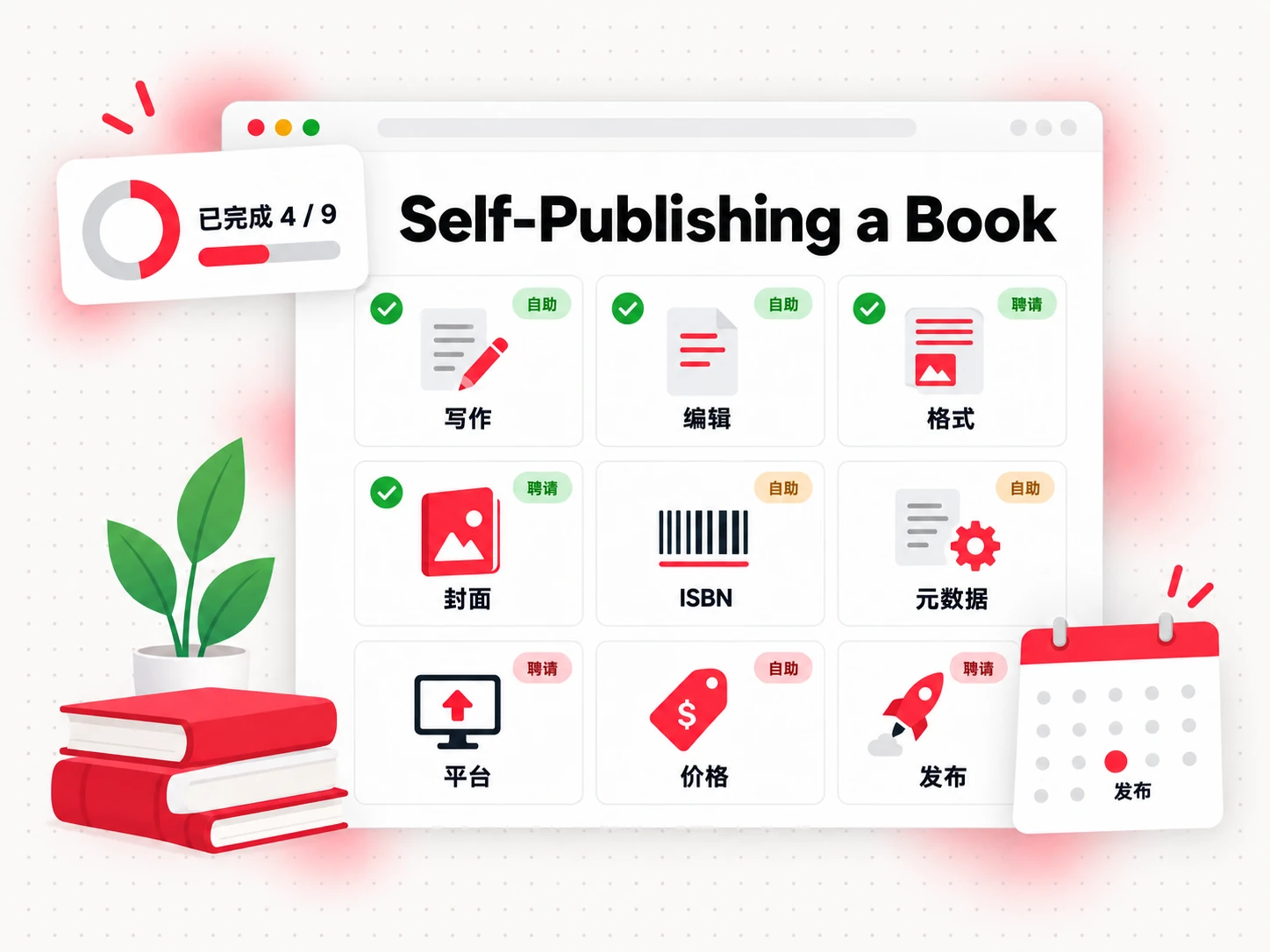 自助出版一本书（Self-Publishing a Book）：从写作到上线的九步任务板